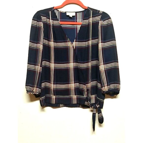 Loft Blouse Top Size S/P Faux Wrap, side bow Blue red Plaid Nova Check 3/4 Sleev - Picture 2 of 10